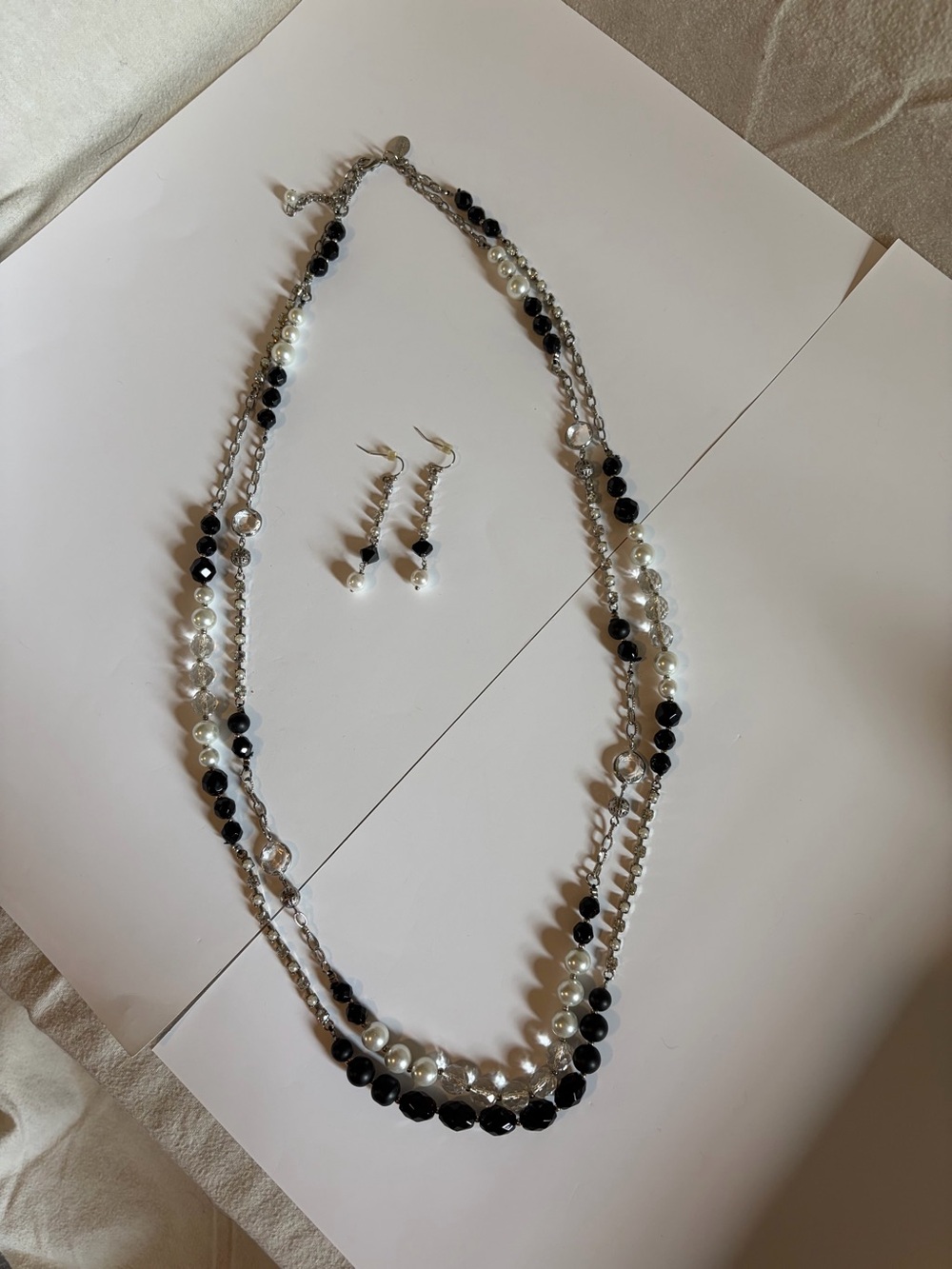 White House Black Market Classic Black & White Beaded Necklace and Earring Set